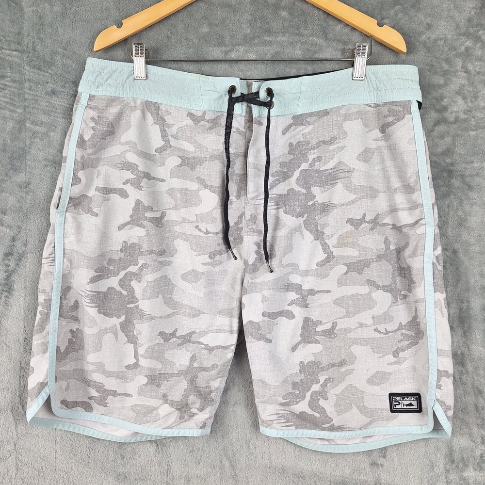 Pelagic Board Shorts 36 Gray Camo High Performance Swim Trunks Fishing Beach